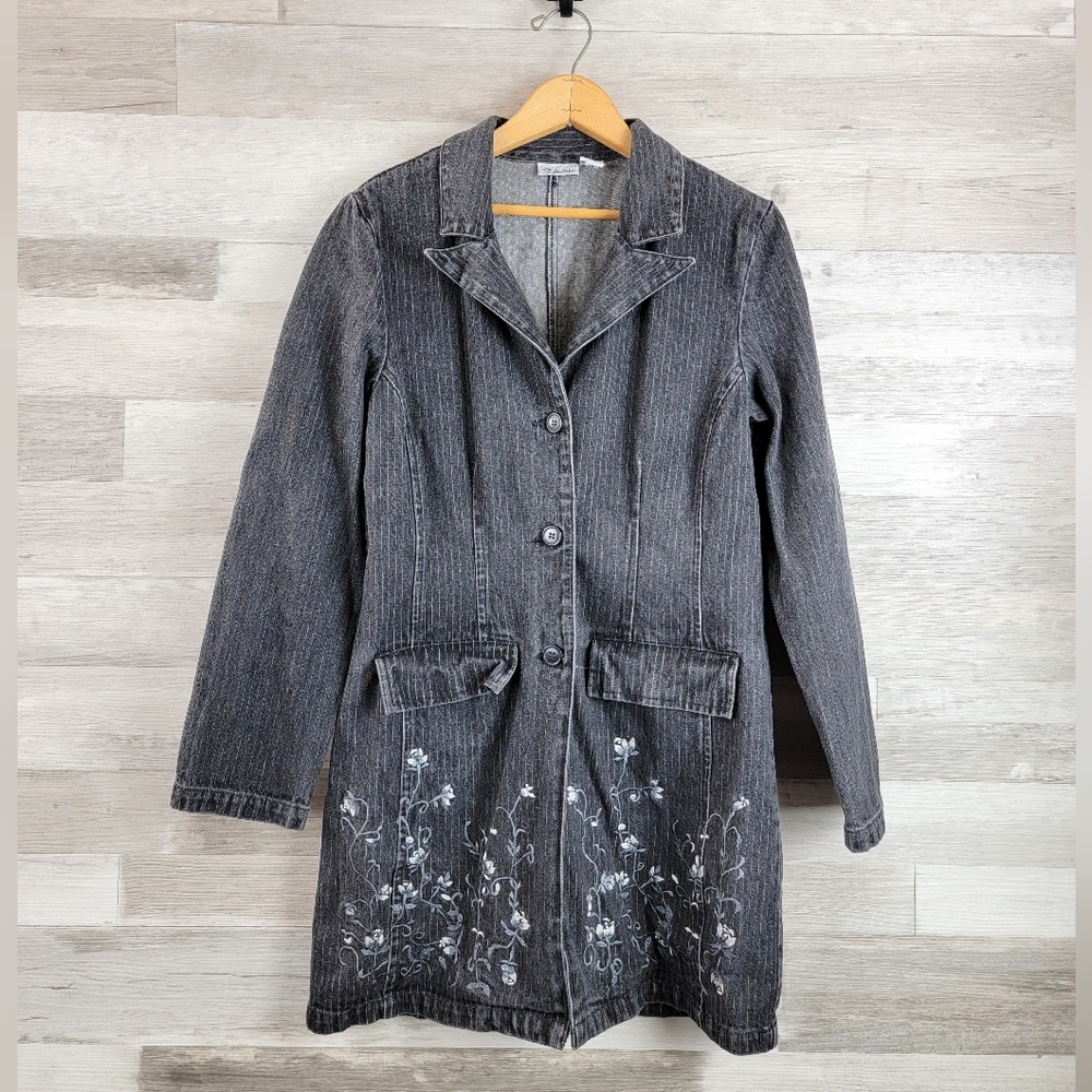 Vintage Style Works Denim Floral Embroidered Midi Skirt Coat Set Women's Size 6 - Picture 2 of 16